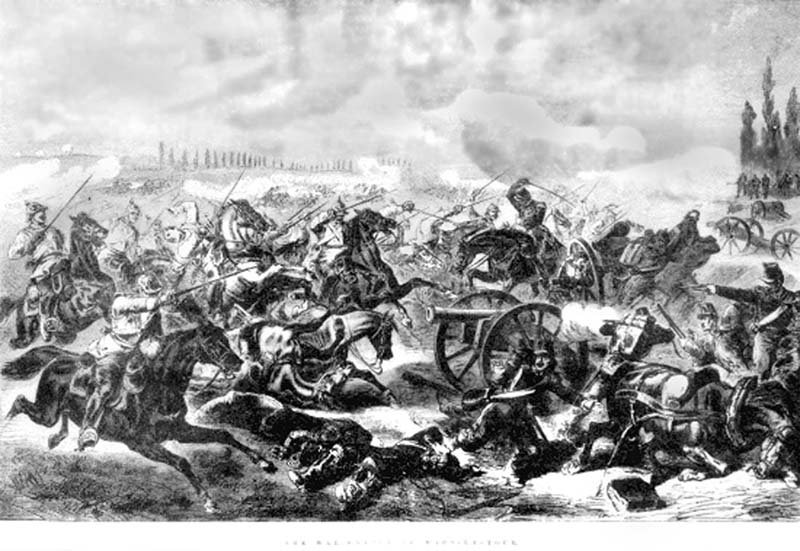 1870年8月16日、プロイセン第7胸甲騎兵がフランス軍の砲兵隊に突撃する様子