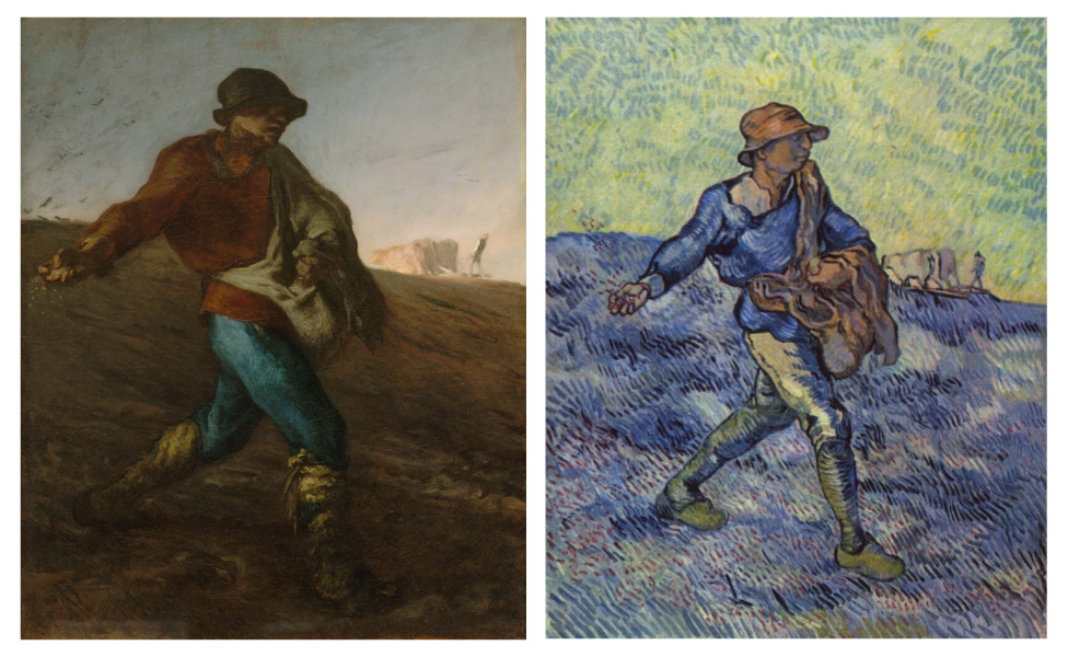 ジャン=フランソワ・ミレーの『種をまく人』（左）とゴッホが描いたミレーの『種をまく人』の模写（右）