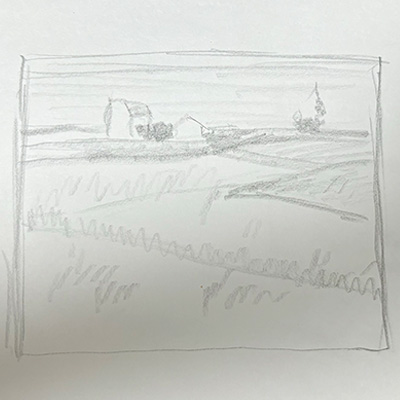 『麦畑』の水彩色鉛筆での模写下エスキース