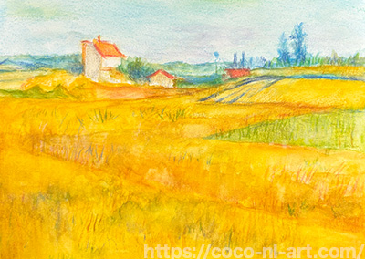 『麦畑』の水彩色鉛筆での模写仕上げ