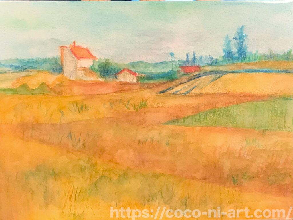 ゴッホの『麦畑』の水彩色鉛筆での模写